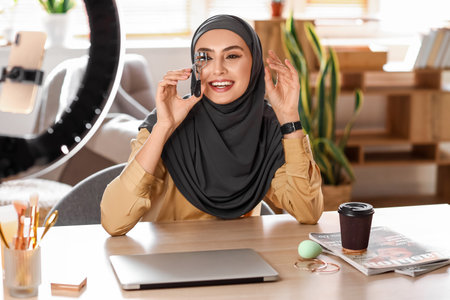 Muslim beauty blogger with curler recording video at homeの写真素材