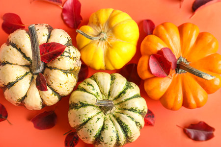 Ripe Halloween pumpkins and autumn leaves on color background, closeupの写真素材