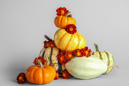 Composition with Halloween pumpkins and beautiful marigolds on white backgroundの写真素材