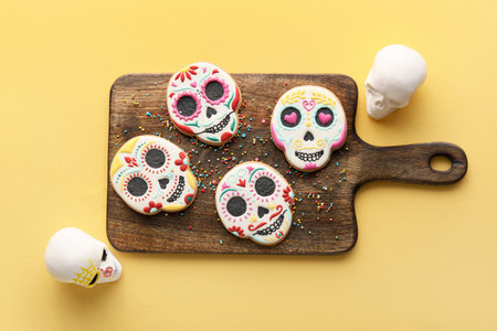 Board with skull shaped cookies and skulls on yellow background. El Dia de Muertosの写真素材