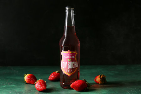 Bottle of fresh strawberry kombucha on dark background