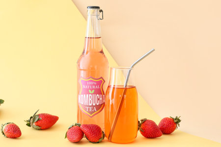 Bottle and glass of fresh strawberry kombucha