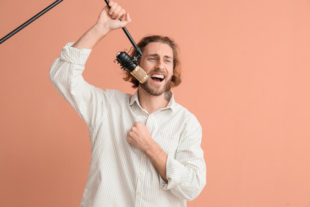 Handsome young man singing in microphone on color backgroundの写真素材