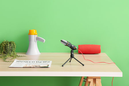 Modern workplace with professional microphone, speaker and megaphone near green wallの写真素材