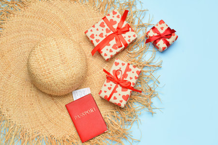 Straw hat with passport and gift boxes on blue background. Valentine's Day celebrationの写真素材