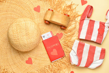 Straw hat with passport, wooden car, swimsuit and paper hearts on beige background. Valentine's Day celebrationの写真素材
