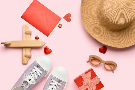 Frame made of wooden airplane, passport, sneakers, gift, accessories and paper hearts on pink background. Valentine's Day celebrationの写真素材