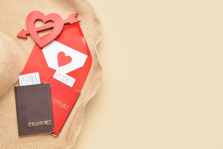 Passports with envelope, heart and hat on beige background. Valentine's Day celebrationの写真素材