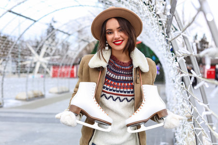 Beautiful young woman with skates outdoorsの写真素材