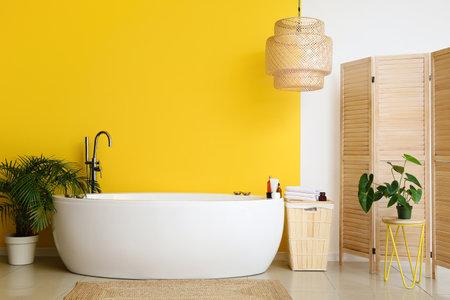 Stylish bathtub, folding screen, basket and houseplants near color wallの写真素材