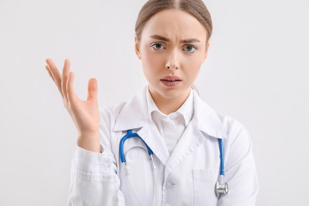 Displeased female doctor on light backgroundの写真素材