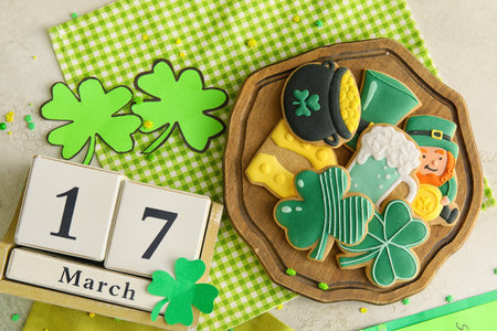 Composition with tasty gingerbread cookies for St. Patrick's Day celebration on color backgroundの写真素材
