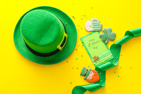 Composition with tasty gingerbread cookies for St. Patrick's Day celebration on yellow backgroundの写真素材