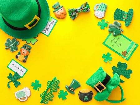 Frame made of tasty gingerbread cookies for St. Patrick's Day celebration on yellow backgroundの写真素材