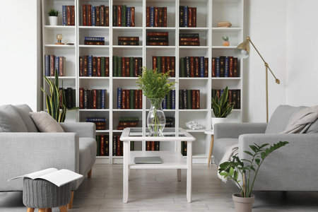 Bookcase with sofas in modern interior of roomの写真素材