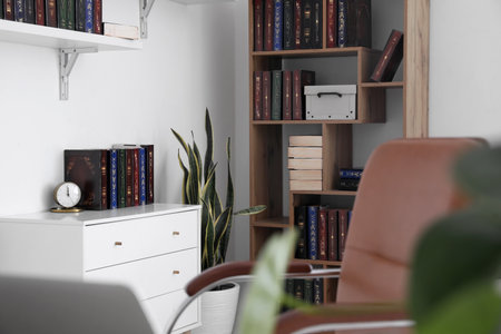 Bookcase in modern interior of roomの写真素材