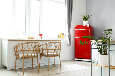 Interior of light modern kitchen with red fridge, white counters and houseplantsの写真素材