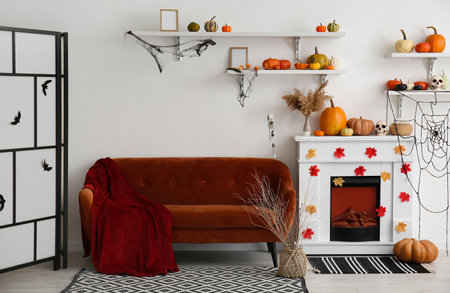 Interior of living room decorated for Halloween with fireplace, pumpkins and red sofaの写真素材