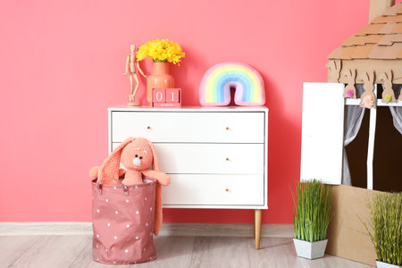 Interior of room with toy cardboard house in children's roomの写真素材