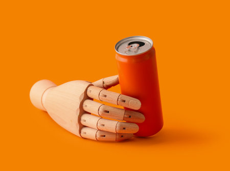 Wooden hand with can of soda on orange background