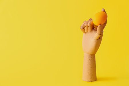 Wooden hand with Easter egg on yellow backgroundの写真素材