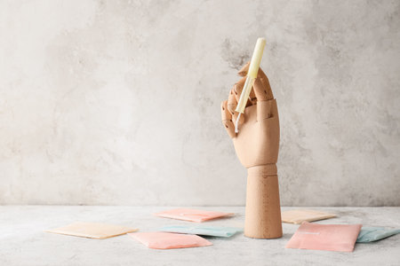 Wooden hand with menstrual tampon on light grunge background