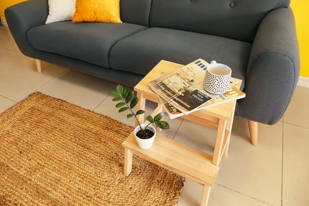 Step stool with cup, eyeglasses, magazines and flowerpot in stylish living room