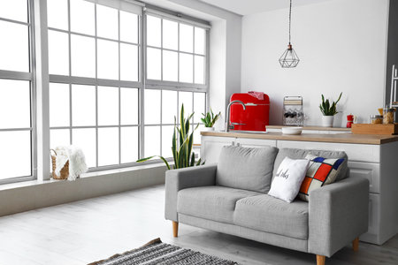 Interior of modern kitchen with red fridge, counters and sofaの写真素材