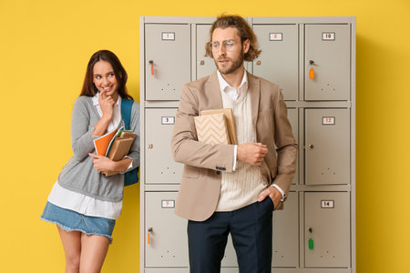 Female student looking at her teacher while standing near locker on yellow backgroundの写真素材