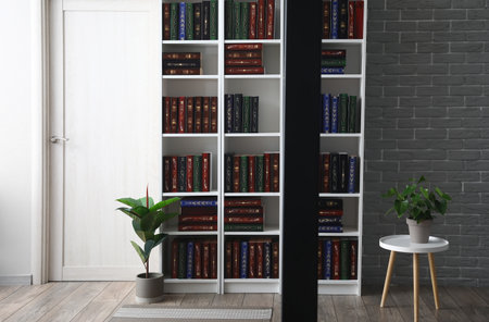 Shelf unit with books in home libraryの写真素材