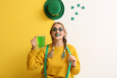 Young woman with glass of beer and decor for St. Patrick's Dayの写真素材