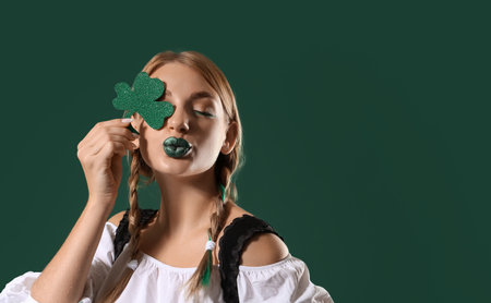Beautiful Irish waitress with clover blowing kiss on green background. St. Patrick's Day celebrationの写真素材