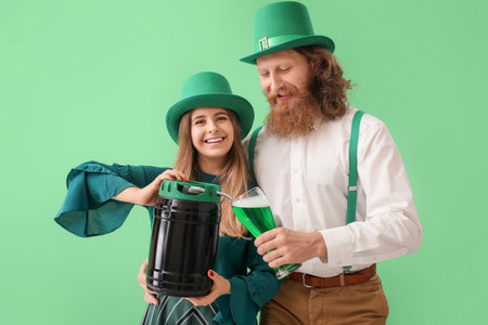Happy young couple with glass of beer and keg on green background. St. Patrick's Day celebrationの写真素材