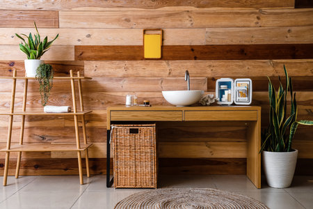 Interior of stylish bathroom with sink and cosmetic refrigeratorの写真素材