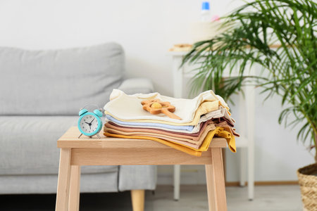 Stepladder stool with baby clothes and alarm clock in living roomの写真素材