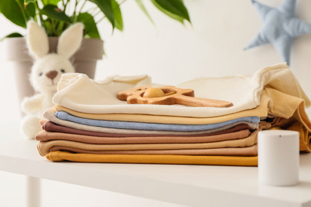 Stack of baby clothes and rattle on self, closeupの写真素材