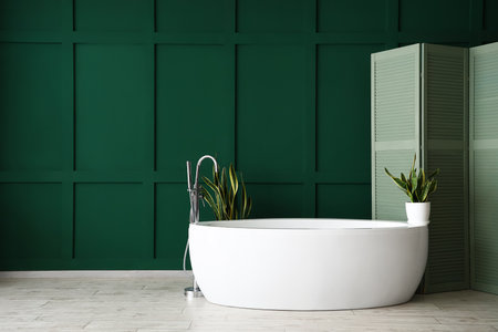 White bathtub with houseplants and folding screen near green wallの写真素材