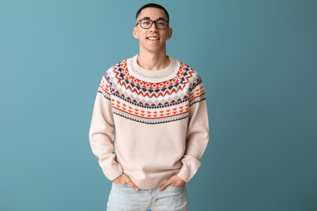 Handsome young Asian man in knitted sweater on blue backgroundの写真素材
