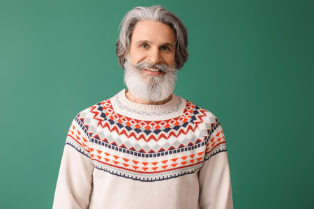 Handsome senior man in knitted sweater on green backgroundの写真素材