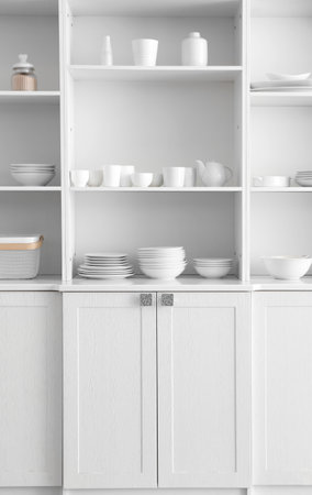 Shelf unit with set of clean dishes in kitchenの写真素材