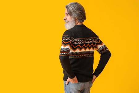 Handsome senior man in knitted sweater on yellow background