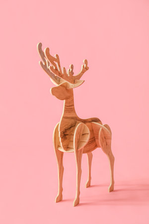 Decorative wooden reindeer on pink backgroundの写真素材
