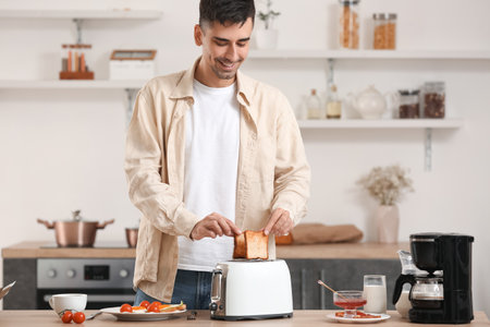 Young man making tasty toasts in the kitchenの写真素材