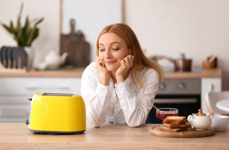 Mature woman making tasty toasts in the kitchenの写真素材