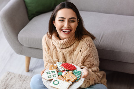 Happy young woman holding plate with tasty gingerbread cookies at homeの写真素材