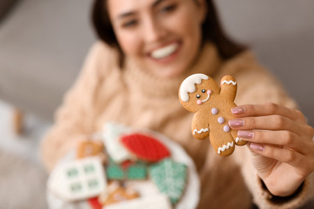 Young woman with tasty gingerbread cookie at home, closeupの写真素材