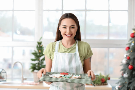 Beautiful housewife holding tray with gingerbread cookies in kitchenの写真素材