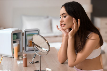 Beautiful young woman sitting at dressing table at homeの写真素材