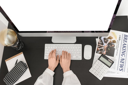 Business woman working with computer on dark table