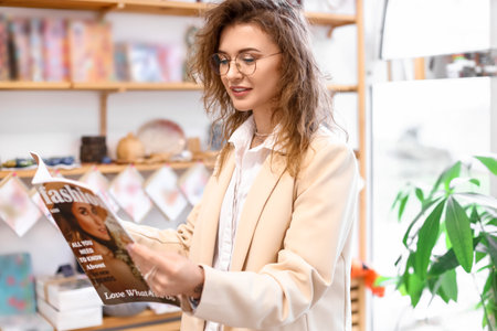 Female business owner with magazine in her shopの写真素材